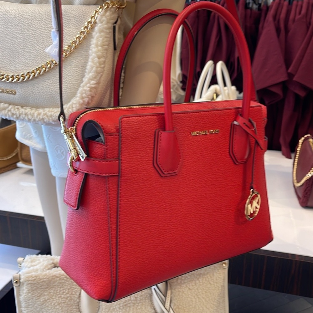 Michael Kors Mercer Medium Top-Zip Belted Satchel Crossbody Purse 
BRIGHT RED
NW - Picture 12 of 16